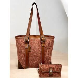 Y2K Coach F11216 Scaro Herringbone Tweed Tote Bag & Matching Wristlet